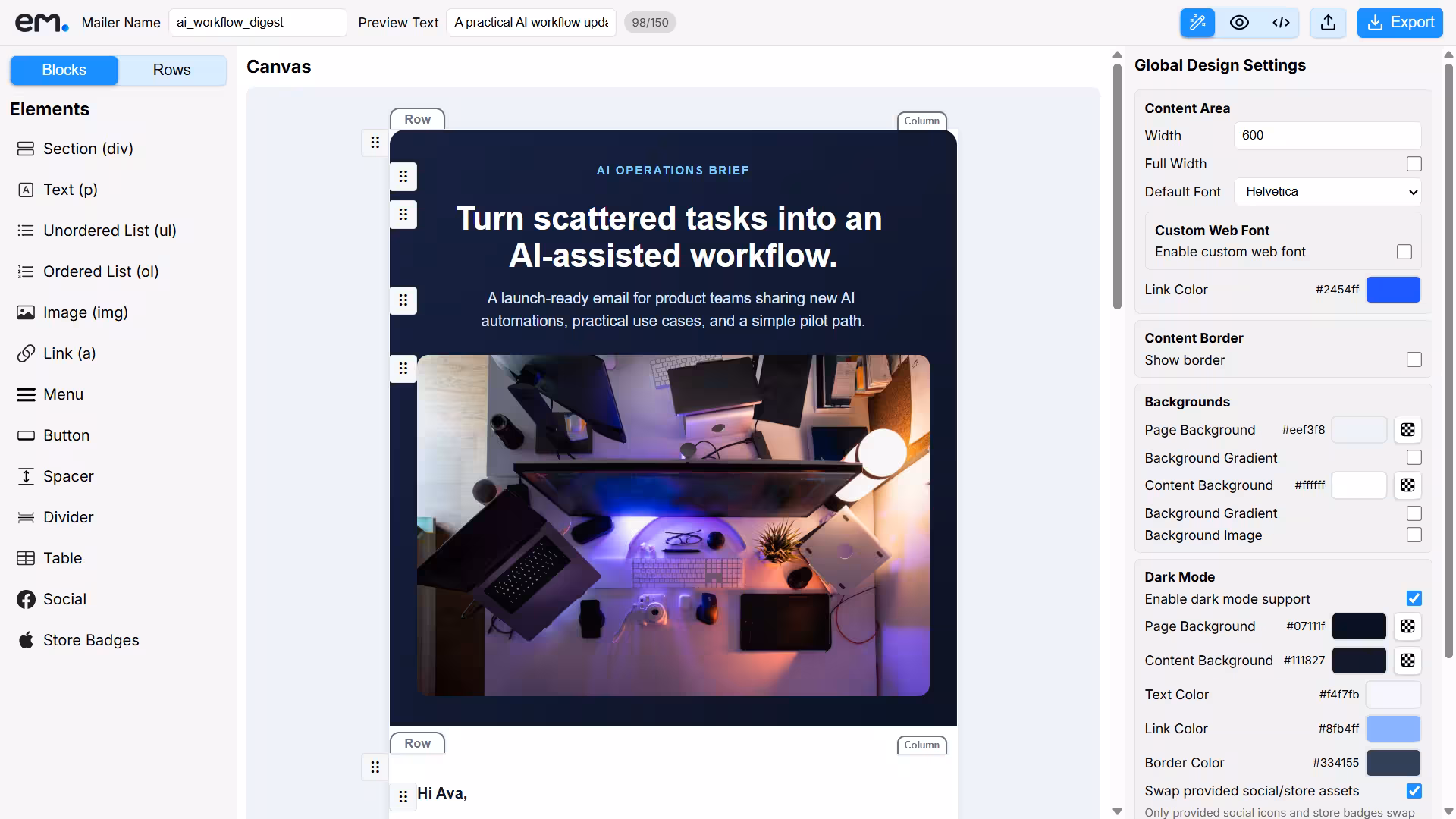 Canvas mode view in the EmailBuilder.in editor