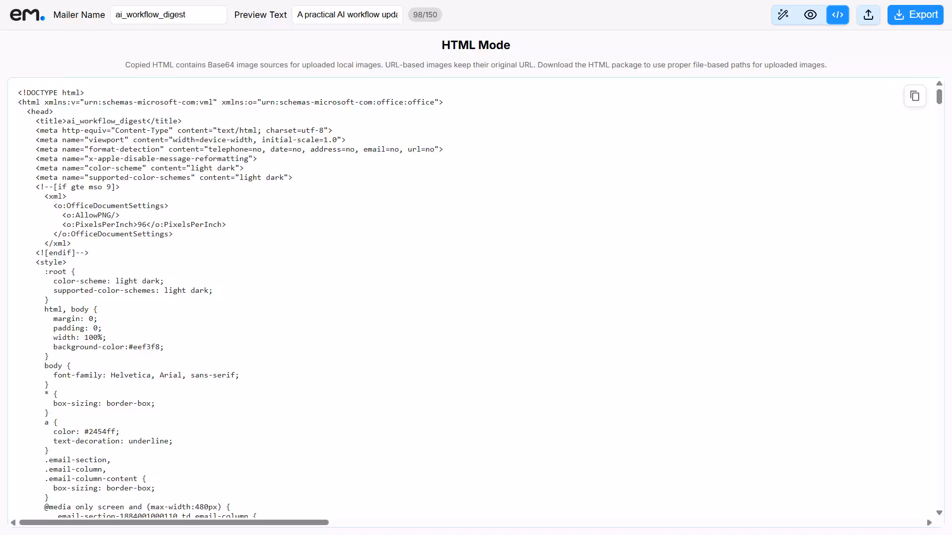 HTML mode view in the EmailBuilder.in editor