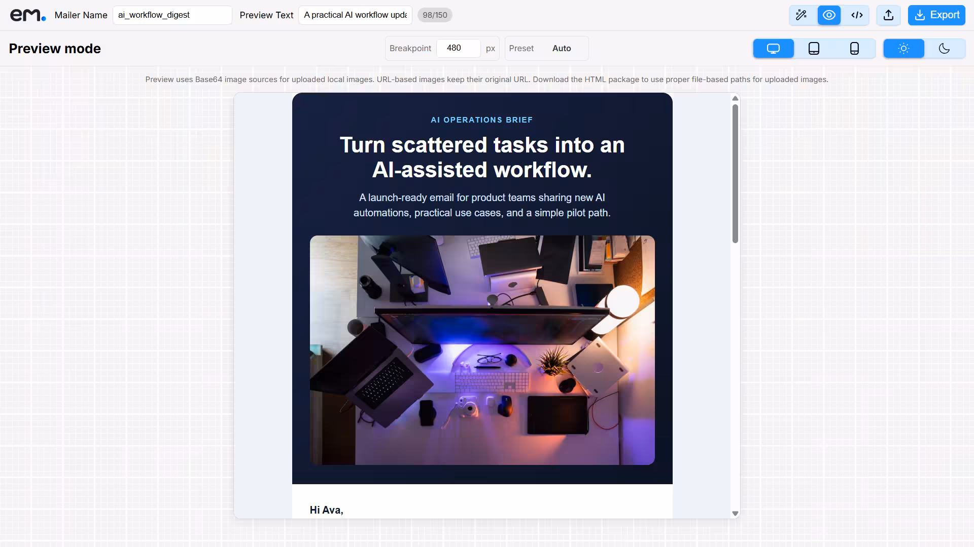 Preview mode view in the EmailBuilder.in editor